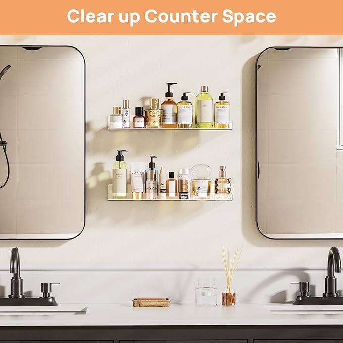 upsimples Acrylic Shelves for Bathroom Storage, 15" Floating Shelves Wall Organizer for Perfume, Make up, Skincare, Kids Bookshelf for Bedroom, Nursery, Living Room Decor, Clear, 2 Pack - Image 4