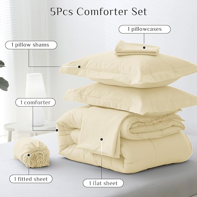 JOLLYVOGUE Twin XL Comforter Set, Ultra-Soft Bed in a Bag Twin XL Size 5 Pieces, Oeko-TEX Certified Bedding Set with Down Alternative Comforter, Sheets, Pillowcases & Shams, Light Yellow