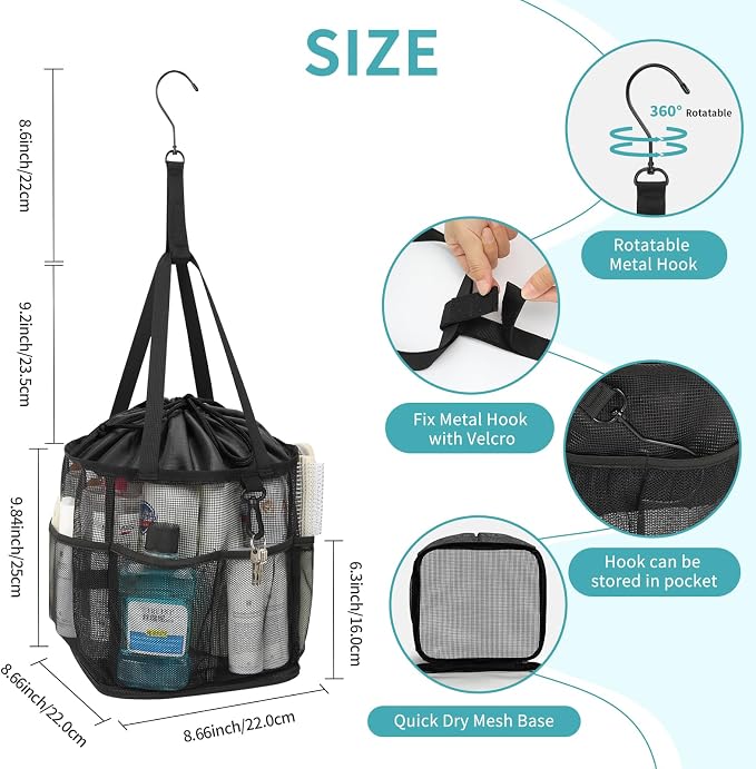Mesh Shower Caddy Portable for College Dorm Room Essentials, Shower Tote Bag with Hanging Hook and Drawstring, Quick Dry Toiletry Bag with 6 Pockets for Bathroom, Swimming, Gym, Camping, Beach, Travel - Image 5