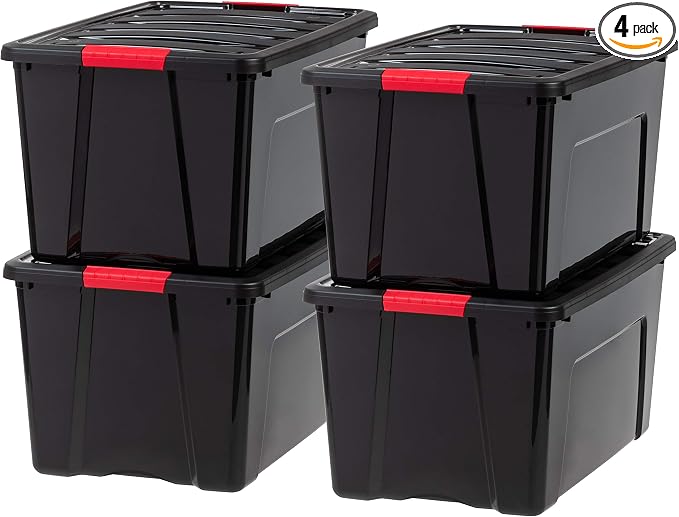 IRIS USA 72 QT Plastic Storage Box with Lid and Latches - 4 Pack - BPA-Free, Garage Organizing Solution, Durable Nestable Stackable Containers, Secure Pull Handle - Black by IRISUSA