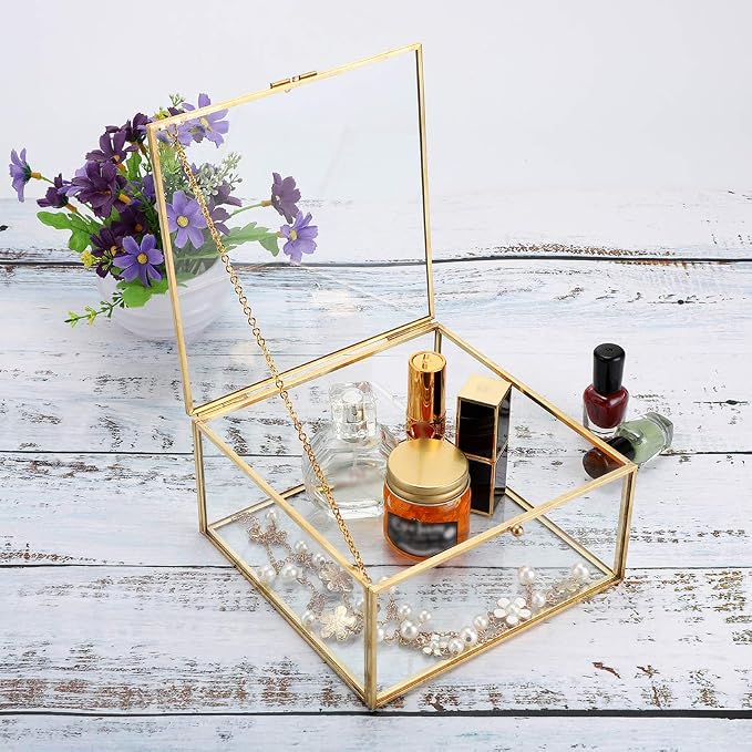 Hipiwe Vintage Glass Jewelry Organizer Box - Golden Metal Keepsake Box Desktop Jewelry Organizer Holder Wedding Birthday Gift Square Vanity Decorative Box for Dresser,6.3"x 6.3"x 3.35" - Image 7