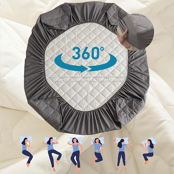 Waterproof Mattress Protector King, 18” Deep Pocket King Mattress Topper+2pcs Pillow Cases - Leakproof, Oeko-TEX Certified, Breathable & Noiseless,Machine Washable (Dark Grey)