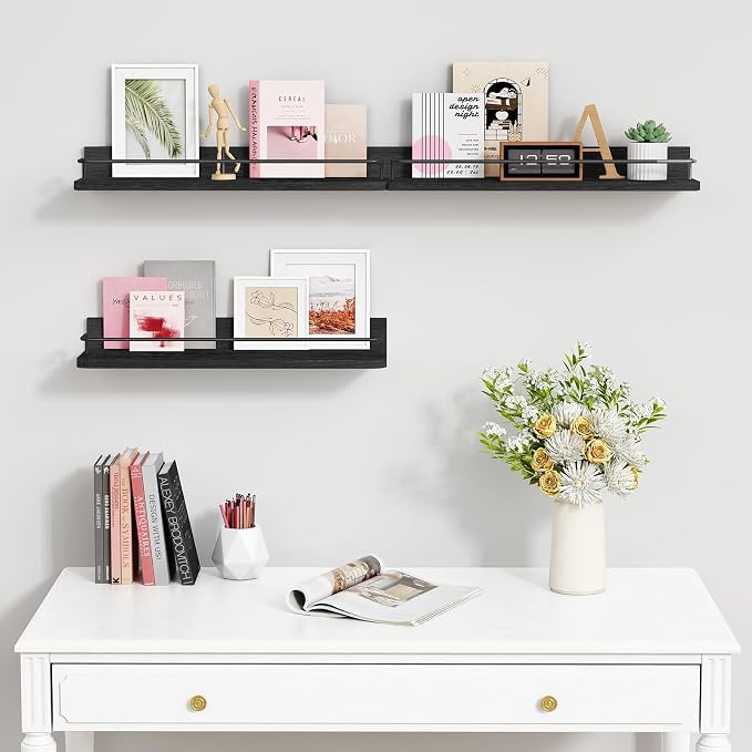 Forbena Black Floating Shelves for Wall, Bahtroom Wall Shelves Over Toilet, Rustic Hanging Shelf with Lip Rail for Bedroom Kitchen Office Living Room Picture Photo Decor, 17 Inch Long-Set of 3 - Image 6