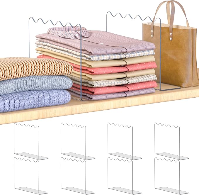 OKPOW Shelf Dividers for Closet Organization: 10" Tall X 12" Deep, Acrylic Clear Separators for Clothes, Vertical Shelf Dividers, Storage for Sweater Purse Handbag Shirts, 8 Pack by OKPOW