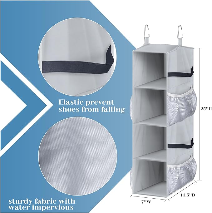 SLEEPING LAMB Short Hanging Shoe Organizer for Closet Storage with Mesh Side Pockets Holds 8 Pairs, Hanging Shoe Rack Hanger RV, Camper, Grey - Image 5