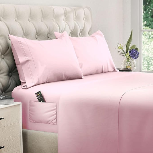 DREAMCARE Queen Sheet Set – 4 pcs Cooling Sheets – up to 21” Deep Pocket Queen Sheets – Hotel Luxury Sheets & Pillowcases – Superior Softness 100% Fine Microfiber with Side Pocket, Pink