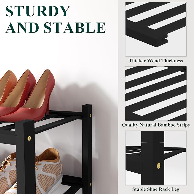 Smiry Shoe Rack, 6 Tier Small Bamboo Shoe Organizer, Stackable Free Standing Wooden Shoe Storage Shelf for Closet, Entryway, Front Door Entrance, Black - Image 3