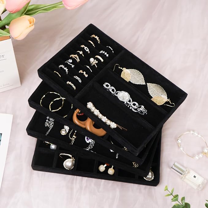 Cirhy 4 Stackable Jewelry Trays Organizer Set for Drawer, Jewelry Organizers and Display Case Storage, Velvet Drawer Inserts Organizer for Necklace Bracelets Earrings Organizer, Gift For Her, Black - Image 5
