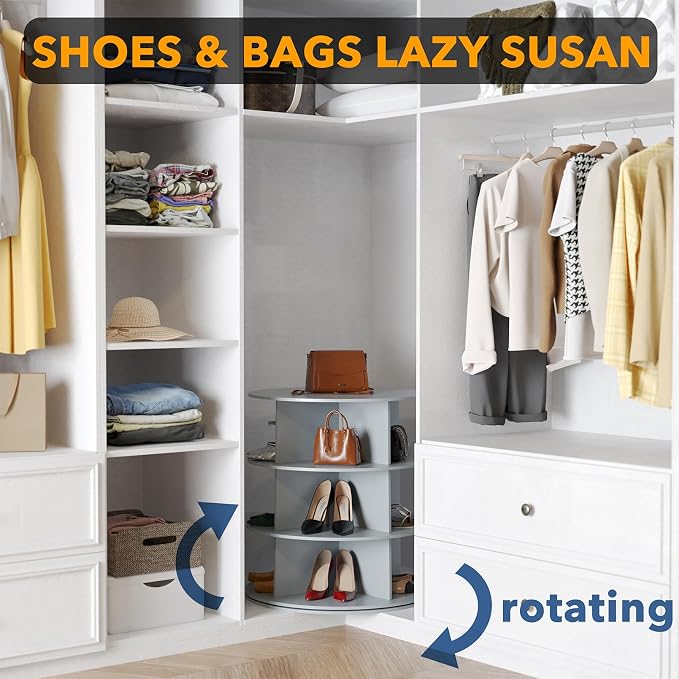 SpaceAid 3 Tier Rotating Shoe Rack Tower, Spinning Shoe Display Lazy Susan, Revolving 360 Shoe Rack Storage Round Carousel, Vertical Handbag Rotate Shoes Closet Organization (3-Tier Gray) - Image 4