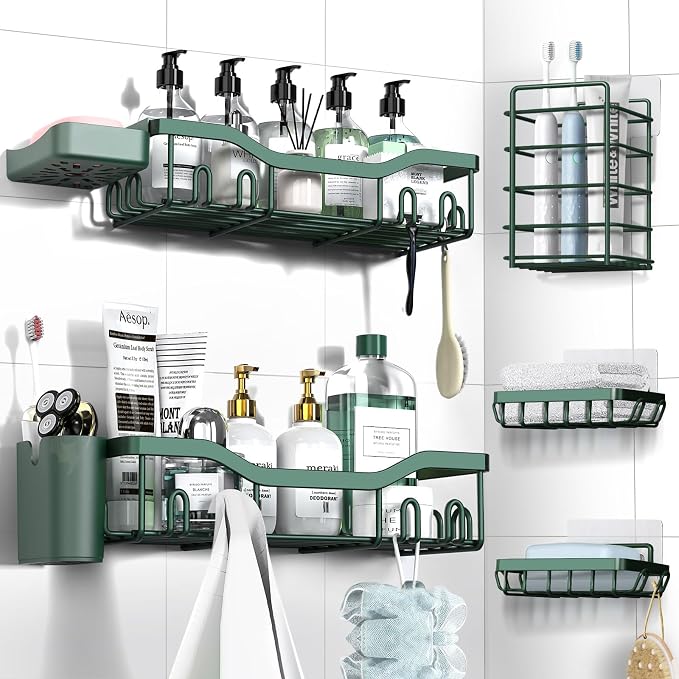 NESOMI Shower Caddy Adhesive Shower Organizer 7-Pack, Rustproof Stainless Steel Bathroom Shelves, Large Capacity No-Drill Rack Storage Accessories with Soap Dish Toothbrush Holder Hooks by OrganizeYourHomeEssentials