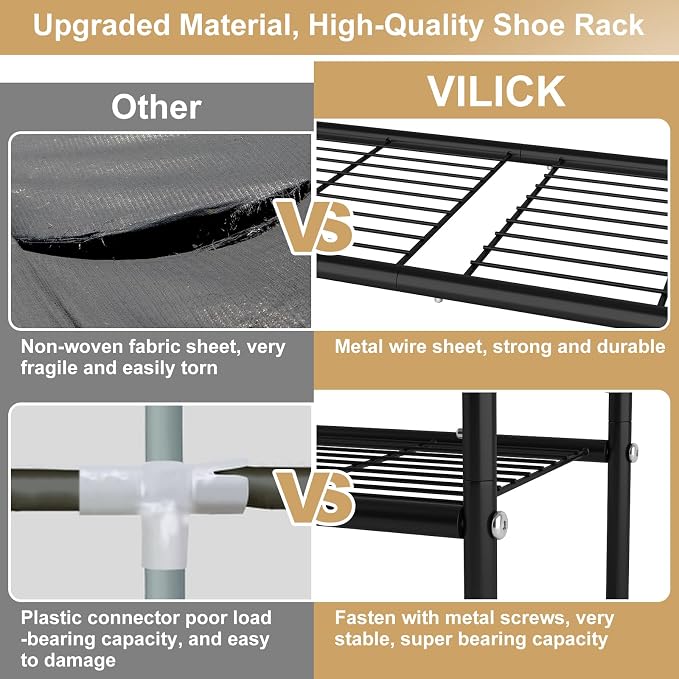 VILICK 3 Tier Shoe Rack 33" Wide Metal Shoe Organizer Long Shoe Storage with 4 Side Hooks Sturdy Shoes Shelf for Front Door Entrance, Closet, Garage, Dorm, Black - Image 5