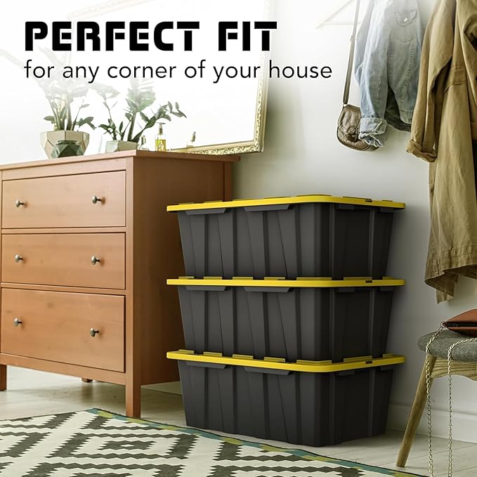 8 PACK Medium Black & Yellow Storage Bins | Plastic Tote Organizing Container with Secure Latching Lids, Stackable, Extra Strength with Built in Handle | Black and Yellow Bins | 24.5" x 16.5" x 9" - Image 6