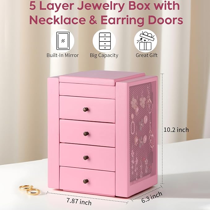 Meangood Jewelry Box Wood for Wowen, 5-Layer Large Organizer Box with Mirror & 4 Drawers for Rings, Earrings, Necklaces, Pink - Image 2