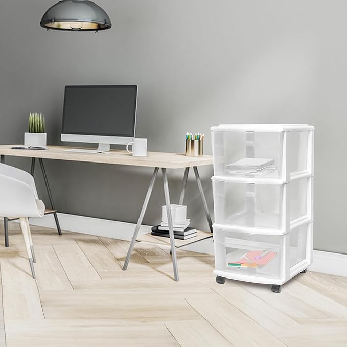 HOMZ Drawer Tower, 3-Tier Rolling Storage Cart with Removable Wheels, White Frame – Plastic Organizer with Clear Bin Drawers for Bedroom, Bathroom, Home Office, and Dorm Room - Image 2