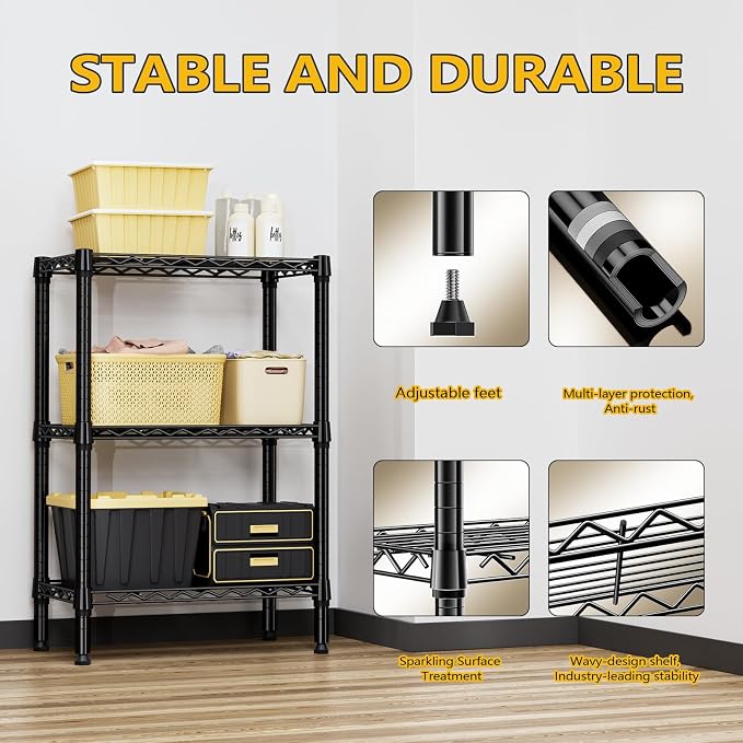 M MZG 750 lbs 3 Tier Shelf Metal Storage Shelves Shelving Wire Rack Heavy Duty Closet Organizers for Garage Kitchen Bathroom Laundry Black 13.8" D x 23.6" W x 35.5" H - Image 7