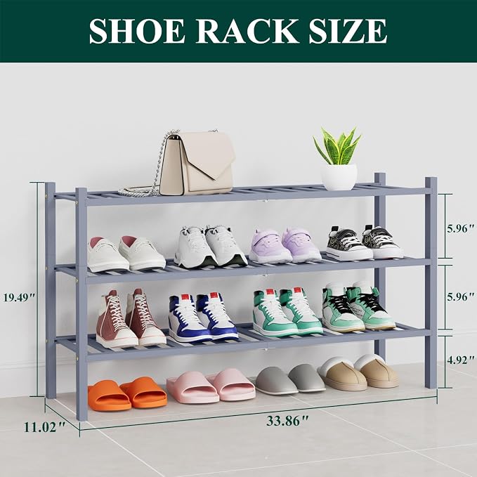 Smiry Shoe Rack, 3 Tier Thick Long Bamboo Shoe Organizer, Stackable Free Standing Wooden Shoe Storage Shelf for Closet, Entryway, Front Door Entrance, Grey - Image 2
