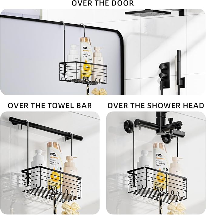 SHANSHUI Shower Hanging Caddy, Bathroom Shower Organizer Basket, Shampoo Bracket Over Door Rack with Hooks, 304 Stainless Steel - Image 2