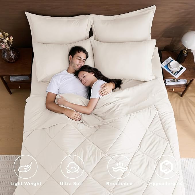 HEVUMYI Ivory Twin-XL Comforter Set - 5-Piece All Season Bed in a Bag Twin-XL, Ultra Soft Bedding Set with Comforter, Flat Sheet, Fitted Sheet, Pillowcases, Pillow Shams