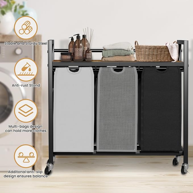 SwaaVee Laundry Hamper, Laundry Basket, Laundry Sorter with 3 Removable Bags, Clothes Basket with 3 Compartments, Wheels, Shelf for Laundry Room Bathroom Bedroom (3 Bags-Black Grey White) - Image 6