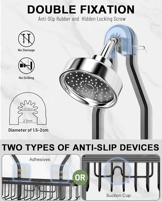 Shower Caddy Hanging - Never Rust Shower Hanging Organizer - Aluminum Over the ShowerHead Caddy with Soap Basket and 6 Hooks for Razor/Sponge (Black) - Image 3