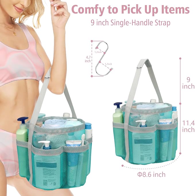 F-color Mesh Shower Caddy Portable, Large Capacity Shower Bag Basket Tote for College Dorm Room Toiletry Gym Rv Essentials, Bathroom with S Hook, Mint Green - Image 4