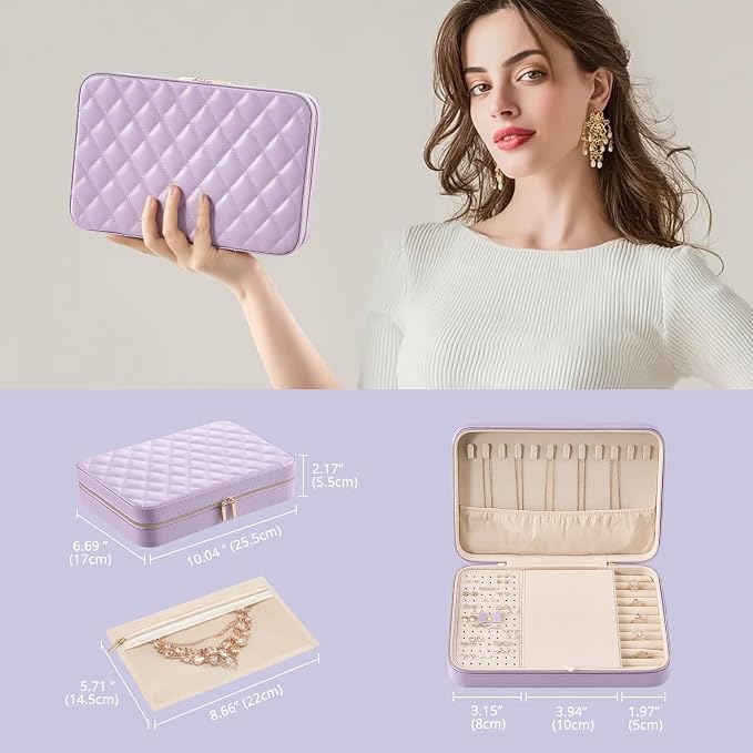 Lolalet Travel Jewelry Case for Women Girls, Travel Jewelry Organizer Box with Mirror & Clear Storage Bag, Small Portable Earring Necklace Bracelet Ring Case, Birthday Valentine Gifts -Large, Purple - Image 6
