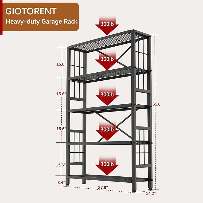 GIOTORENT 5-Wire Heavy-Duty Shelf, Standing Storage Shelves, Metal Shelving Unit Pantry Rack, 1500LB Load Capacity, for Garage Kitchen Organizer (Black) - Image 2