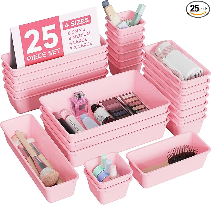 BiuLeon 25 PCS Plastic Drawer Organizers Set, 4-Sizes Vanity and Makeup Organizer, Desk and bathroom Drawer Organizer Trays, Organizers and Storage for Makeup, Jewelry, Gadgets, Utensils (Pink) by Unknown