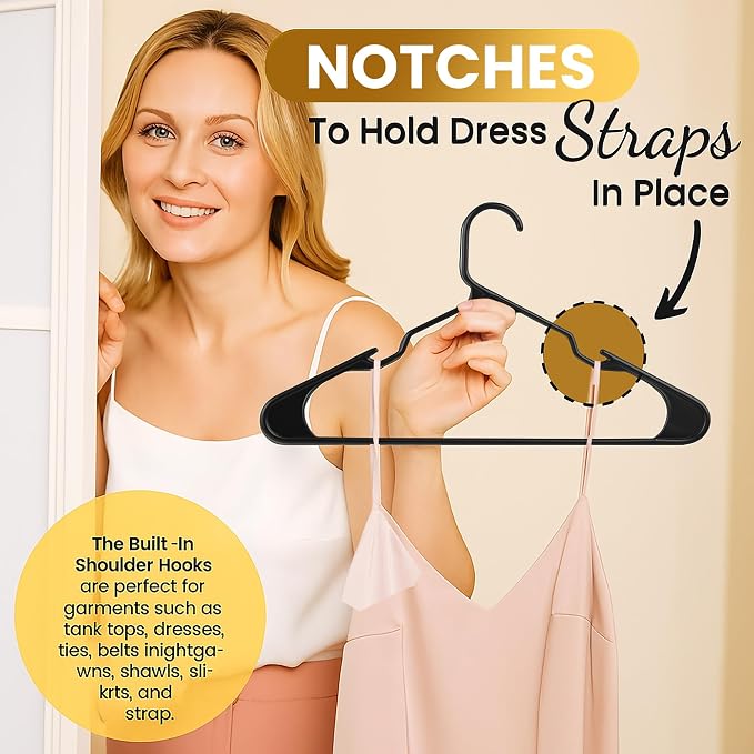 Our Modern Space 30 Pack Adult Plastic Hanger for Shirt Pants Coats Dresses Skirts Suits Jackets - Standard Thick Coat Hanger - Sturdy & Durable Design with Shoulder Grooves Hook - Black - Image 6