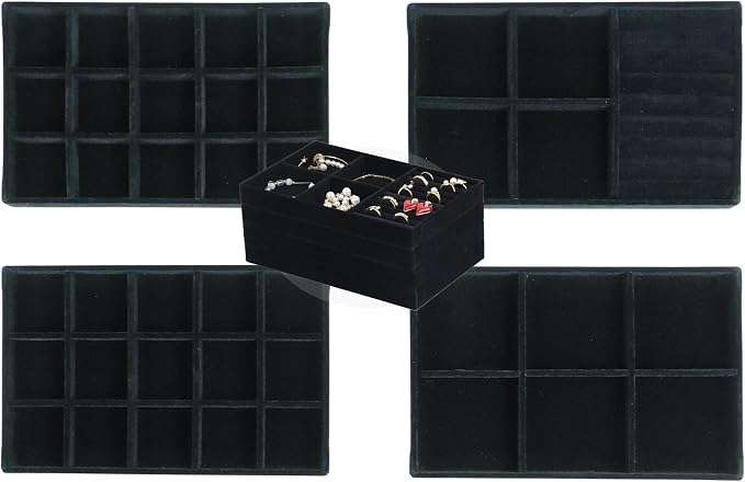 Set of 4 Stackable Jewelry Trays Organizer, Velvet Earring Organizer, Jewelry Organizer Showcase Display Drawer Organizer Storage, Earring Holder Necklace Bracelet Ring Accessary Organizers (Black) - Image 2