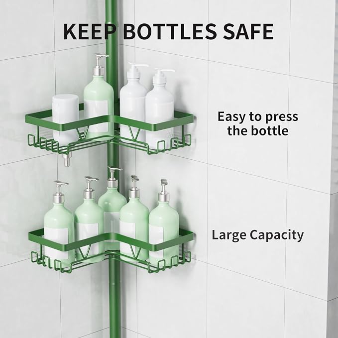KEGII Shower Caddy Tension Pole, 4-Tier Rustproof Adjustable Corner Bathroom Organizer for Renters, 25–114.2 Inch No Drill Space-Saving Shower Storage Rack, Emerald Green - Image 4