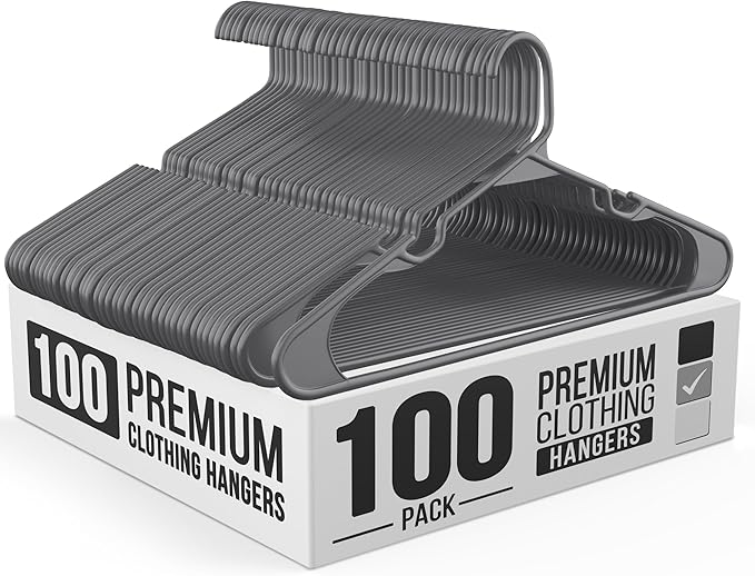 Our Modern Space 100 Pack Plastic Hanger for Shirt Pants Coats Dresses Skirts Suits Jackets - Standard Thick Coat Hanger - Sturdy & Durable Design with Shoulder Grooves Hook - Grey by OurModernSpace