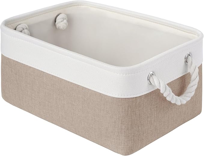 Storage Baskets for Shelves 13.8x9.8x6.7 Inch, Foldable Fabric Storage Bins with Handles, Small Storage Baskets for Organizing Closet, Office, Home Organization (1-Pack, White&Khaki) by VQRTEXAStorageBasket