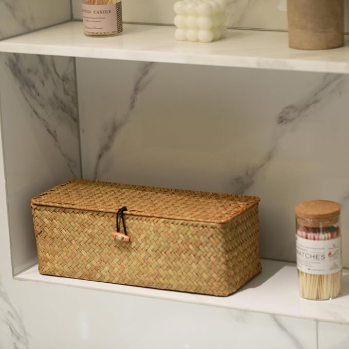 DECRAFTS Seagrass Storage Basket with Lid Rectangular Small Woven Shelf Baskets with Sections for Organize Snack Toys Tampon - Image 9