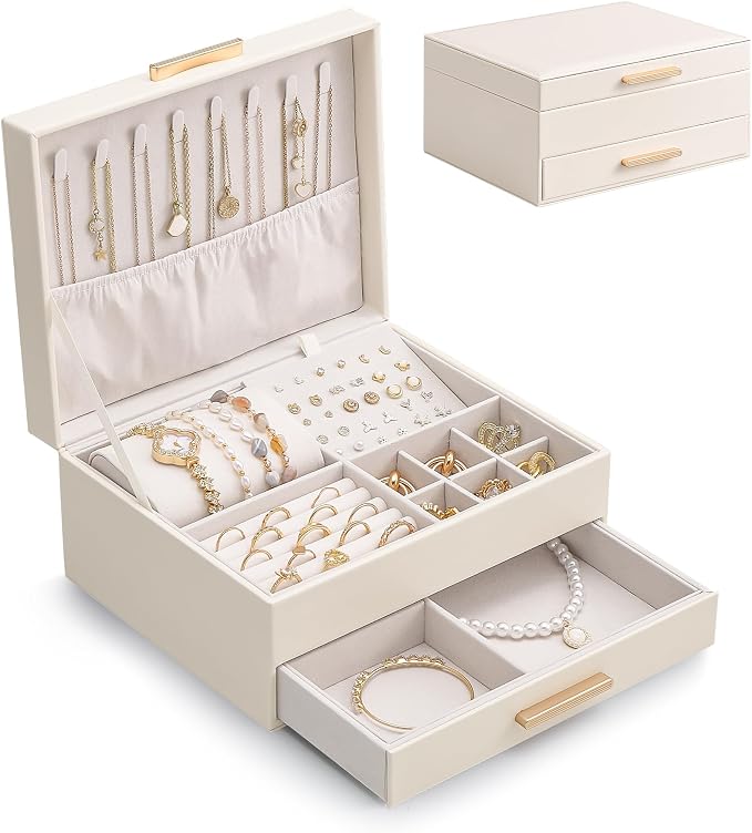 Lolalet 2-Layer Jewelry Box Organizer for Women Girls, Jewelry Storage Case Holder with Drawers for Necklaces Ring Earrings Bracelet Watch, Gifts Choice for Mom Mother’s Day -Beige by Lolalet