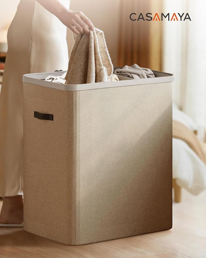 CASAMAYA Laundry Basket with Lid, Laundry Hamper 3 Section, 190L collapsible Laundry Organizer, Easy Assembly, with Handles and Removable Liners, 25.2 x 15.7 x 29.5 Inches, Beige JSP904M - Image 7