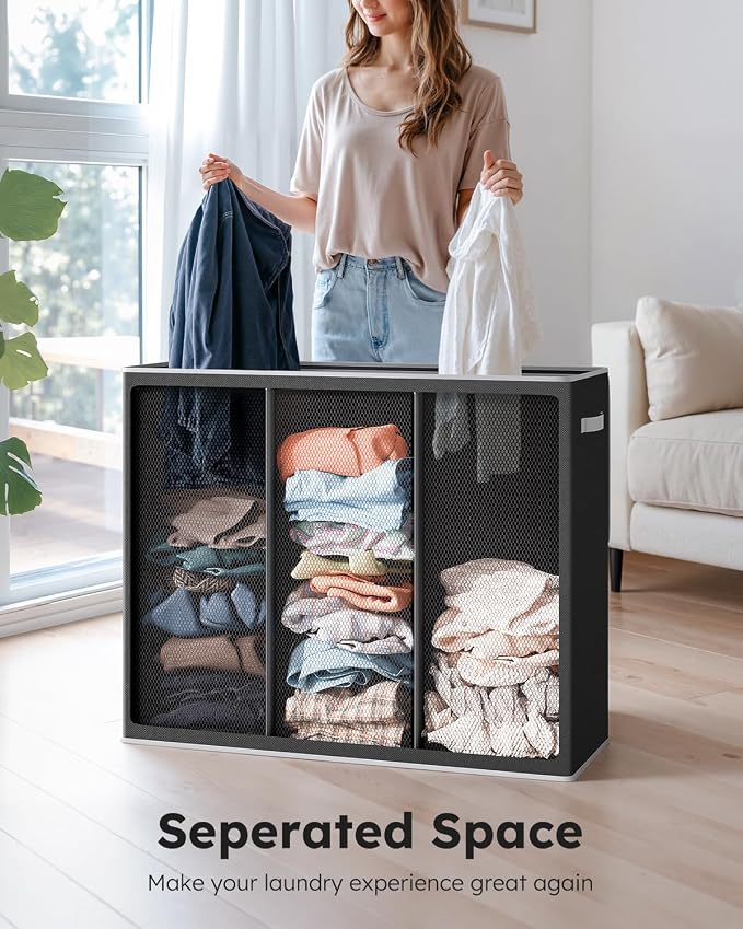 SOLEDI 180L Laundry Hamper 3 Section, Extra Large Laundry Hamper with Lid, Dirty Clothes Hamper with Sturdy Handle, Large Laundry Basket Organizer for Laundry Room, Bedroom, Hampers for Laundry - Image 4