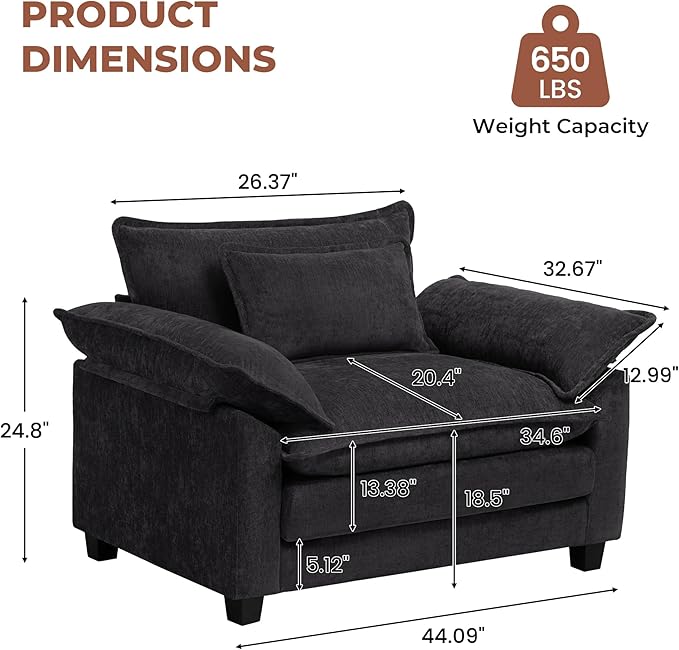 Oversized Accent Chairs Set of 2,44" Modern Living Room Chairs,Chenille Upholstered Cloud Sofa Chair Armchair with Extra Thick,Comfy Accent Chair Reading Chairs for Bedroom Apartment Black