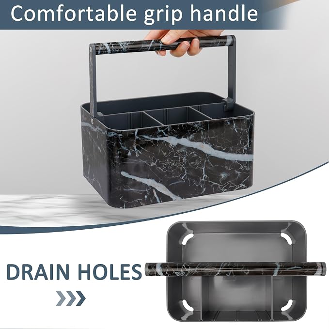 BYUNER Plastic Shower Caddy Dorm: Portable Bathroom Caddy Organizer for College with Handle and Adjustable Divider, Utility Hard Shower Basket Bath Tote for Toiletry, Shampoo, Soap (Black Marble) - Image 3