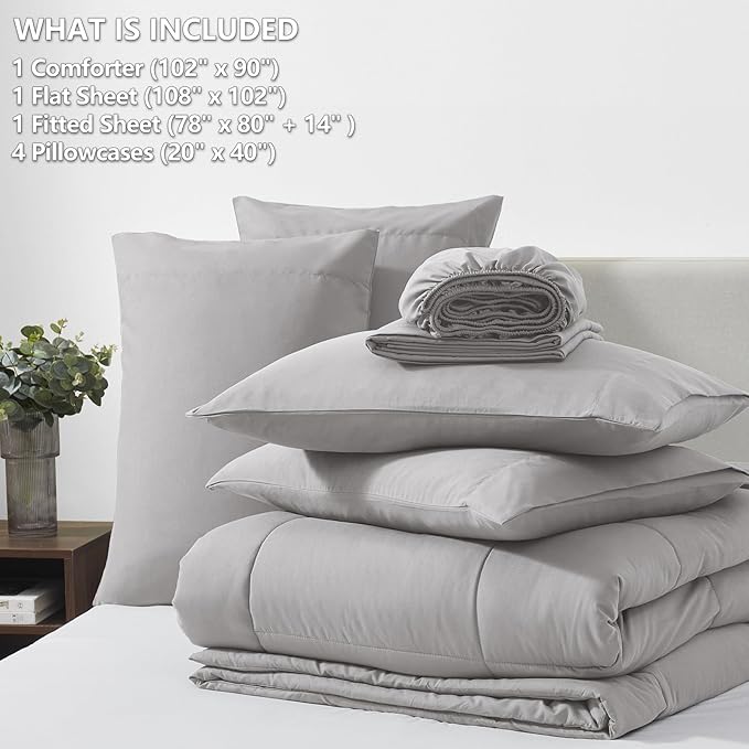 CozyLux King Size Comforter Set French Grey, 7 Pieces Bed in a Bag, Gray Comforter King Size, All Season Bedding Sets with Stitch Quilted Comforter, Flat Sheet, Fitted Sheet, Pillowcases