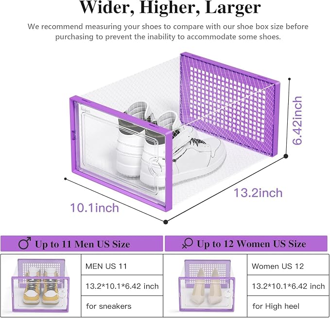 Kuject X-Large Shoe Storage Boxes Organizers Clear Plastic Stackable 12 Pack, Shoe Rack & Holder Substitute, Sneaker Containers, Toy Storage Organizer Bins for Entryway, Closet, Under Bed, Purple - Image 3