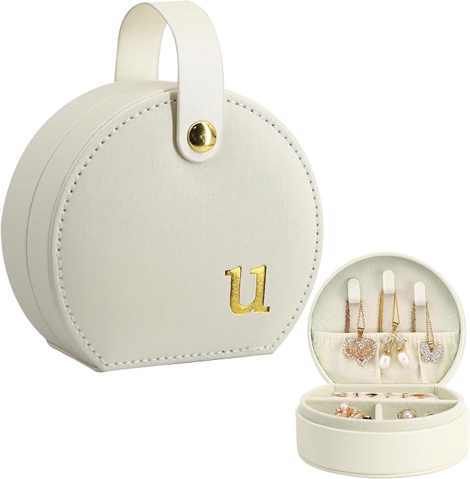 COLLECTIVE HOME - Travel Jewelry Case, Elegant Half-Moon Design with Gold Monogram, Detachable Handle, Personalized Accessory Organizer, Gift for Fashion-Forward Women and Teens (u) by COLLECTIVEHOME
