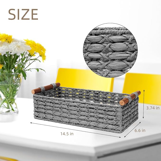 Small Storage Basket Wicker Baskets for Organizing with Handle Decorative Storage Bin for Countertop Toilet Paper Basket for Toilet Tank Top Small Baskets,Light Grey - Image 2