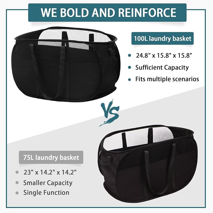 100L Collapsible Laundry Baskets, Tear Proof Pop Up Laundry Hamper with Dual Handles, Large Foldable Laundry Basket, Easy to Carry Laundry Hamper for Home, Laundry Room, Bedroom, Dorm, Travel Black - Image 5