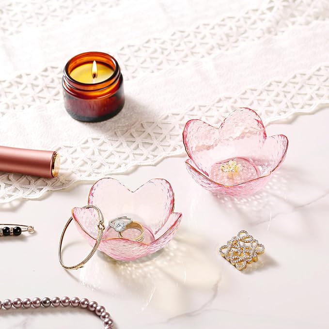 Gifts for Women Trinket Dish Flower Jewelry Dish Pink Glass Ring Holder Jewellery Tray Cute Room Decor Aesthetic Bedroom Accessories Unique Birthday New Home Mothers Day Gifts for Women Friends(2 pcs) - Image 3
