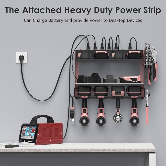 CCCEI Modular Power Tool Organizer Wall Mount with Charging Station. Garage Drill Storage Shelf with Hooks, Heavy Duty Rack, Tool Battery Holder Built in 8 Outlet. Gift for Men. Pink, 1 Pack. - Image 3