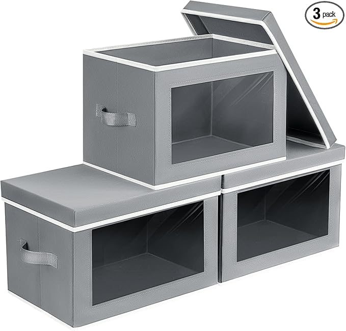 Homsorout Storage Bins with Lids - Small Fabric Organizers with Window, Collapsible Storage Bins for Clothes, Decorative Closet Organizers for Towels, Tshirt, 3 Pack, Grey by Homsorout