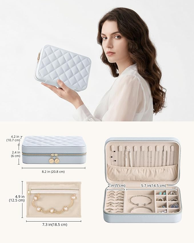 Lolalet Travel Jewelry Case for Women Girls, PU Leather Jewelry Organizer with Clear Storage Bag Small Portable Jewelry Box for Necklace Bracelet Earring Ring Mothers Day Birthday Gifts -Large/Blue - Image 5