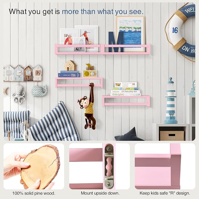 Forbena Pink Floating Shelves for Wall, Aesthetic Wall Bookshelf for Girls Room Decor, Wood Nursery Bookshelves for Toddler Kids Bedroom Book and Toy Storage Organizer (Set of 4, Pink) - Image 5