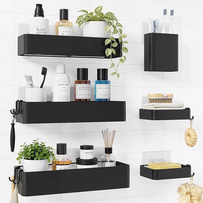 Kitsure Shower Caddy Adhesive - 6-Pack, No-Drilling Shower Shelves with Soap Holder, Toothbrush Holde, 6 Hooks, Rustproof & Stylish Bathroom Organizers and Storage Solution, Black, Large by Kitsure